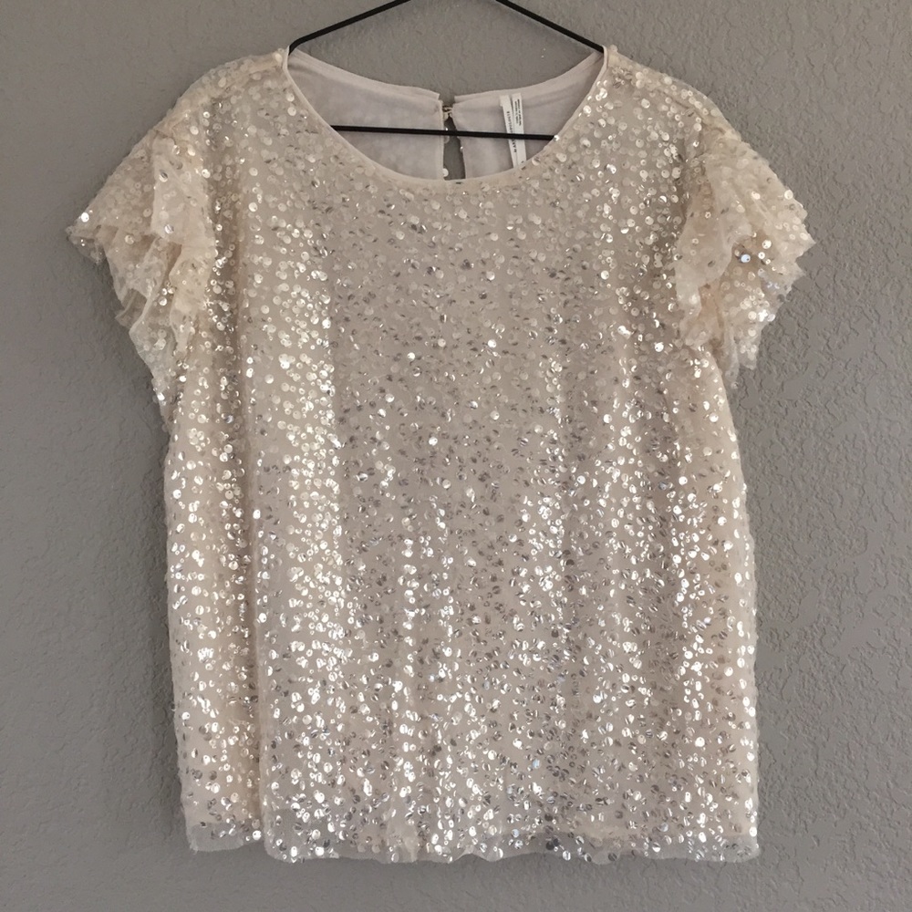 Anthropologie Pamela Sequined Blouse Ivory SZ L